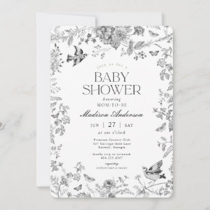 Invitation Fête de bébé florale vintage toile de Jouy noire