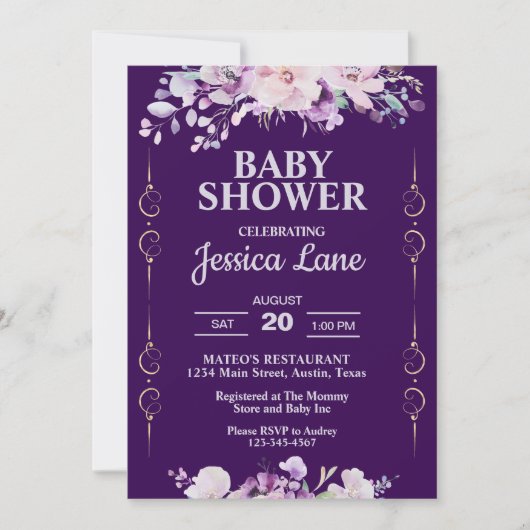 Invitation Fête de bébé florale violet foncé (Devant)