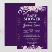 Invitation Fête de bébé florale violet foncé (Devant / Derrière)