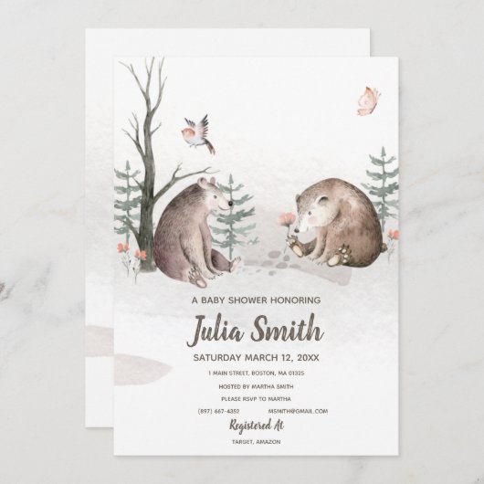 Invitation Fête de Bébé Forêt de Bois Aquarelle (Devant / Derrière)