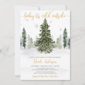 Invitation Fête de Bébé Forêt d'Hiver à l'Aquarelle Or (Devant)