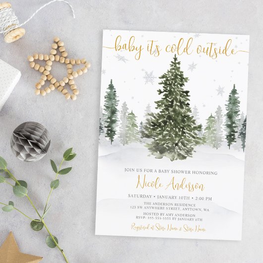 Invitation Fête de Bébé Forêt d'Hiver à l'Aquarelle Or