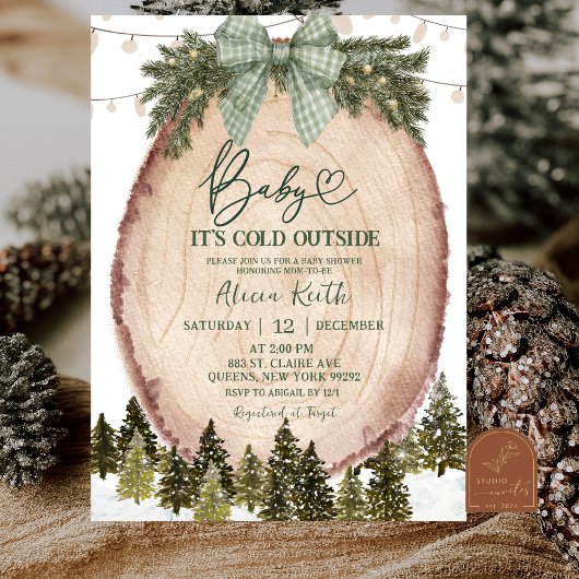Invitation Fête de Bébé Forêt d'Hiver Rustique Coquette Verte