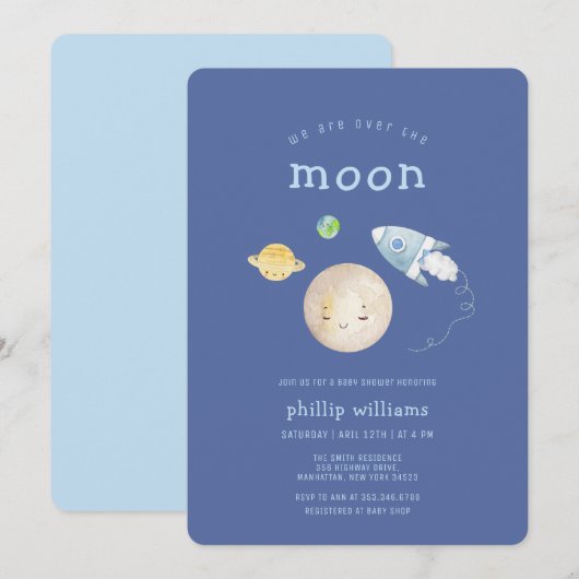 Invitation Fête de Bébé Fusée Bateau Spatial Bleu Au-Dessus d (Devant / Derrière)