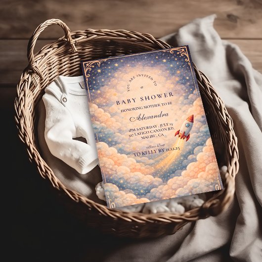 Invitation Fête de Bébé Fusée dans l'Espace Neutre