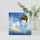 Invitation Fête de bébé garçon à thème lune bleue et jaune (Debout devant)