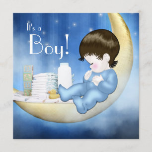 Invitation Fête de bébé garçon à thème lune bleue et jaune