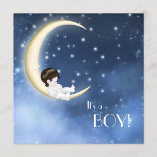 Invitation Fête de bébé garçon à thème lune bleue et jaune