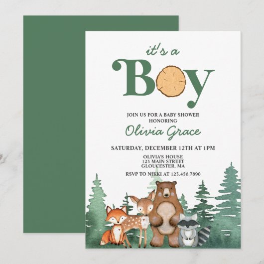 Invitation Fête de bébé garçon animaux de la forêt (Devant / Derrière)