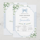Invitation Fête de bébé garçon au ruban bleu et gingham (Devant / Derrière)