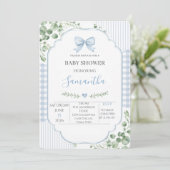 Invitation Fête de bébé garçon au ruban bleu et gingham (Debout devant)