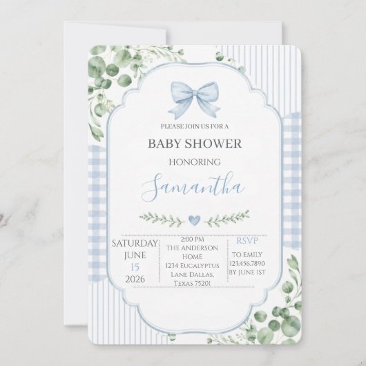Invitation Fête de bébé garçon au ruban bleu et gingham (Devant)