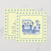 Invitation Fête de bébé garçon au train jaune et bleu (Devant / Derrière)