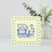 Invitation Fête de bébé garçon au train jaune et bleu (Debout devant)