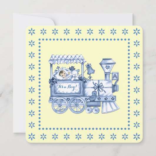 Invitation Fête de bébé garçon au train jaune et bleu (Devant)