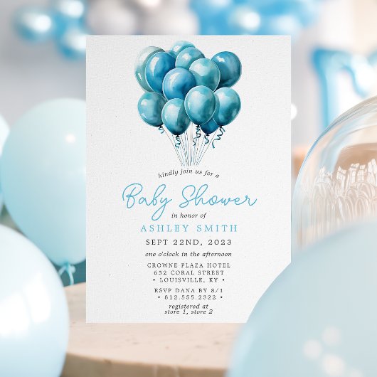 Invitation Fête de Bébé Garçon Ballons Bleus Aquarelle