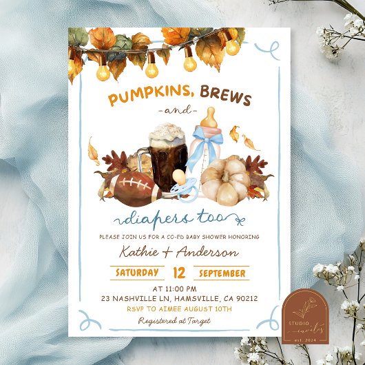 Invitation Fête de bébé garçon bleu citrouilles Boho d'automn