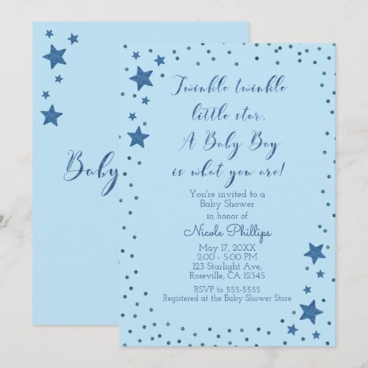 Invitation Fête de Bébé Garçon Bleu Clair Twinkle Little Star (Devant / Derrière)