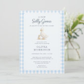 Invitation Fête de bébé Garçon Bleu Gingham Dindon Fou (Debout devant)