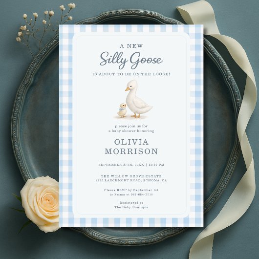 Invitation Fête de bébé Garçon Bleu Gingham Dindon Fou
