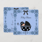 Invitation Fête de bébé garçon bleu noir Damask (Devant / Derrière)