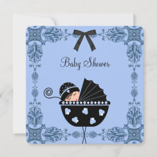 Invitation Fête de bébé garçon bleu noir Damask