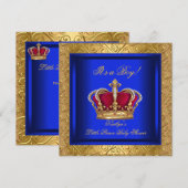 Invitation Fête de bébé garçon bleu royal damassé or (Devant / Derrière)