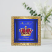 Invitation Fête de bébé garçon bleu royal damassé or (Debout devant)