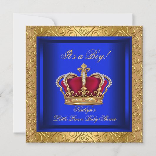 Invitation Fête de bébé garçon bleu royal damassé or (Devant)