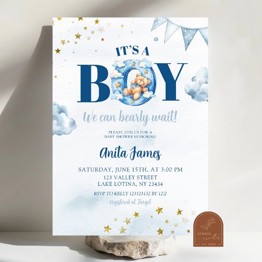 Invitation Fête de bébé garçon Blue Boy Bearly Wait