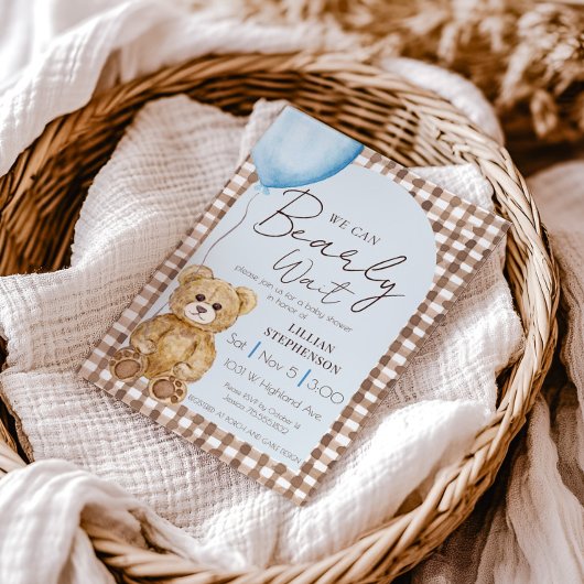 Invitation Fête de Bébé Garçon Blue We Can Bearly Wait
