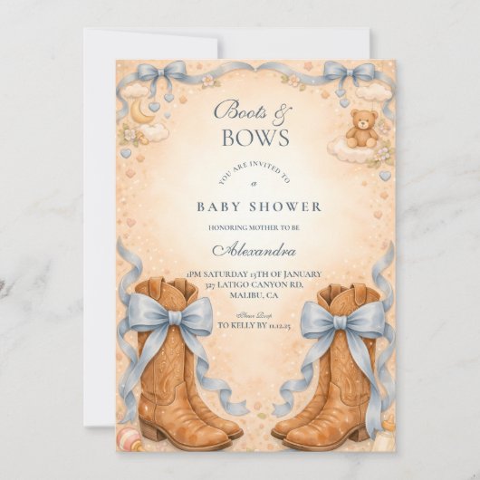Invitation Fête de bébé garçon Bottes et Rubans Bleus (Devant)