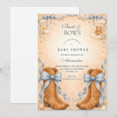 Invitation Fête de bébé garçon Bottes et Rubans Bleus (Devant / Derrière)