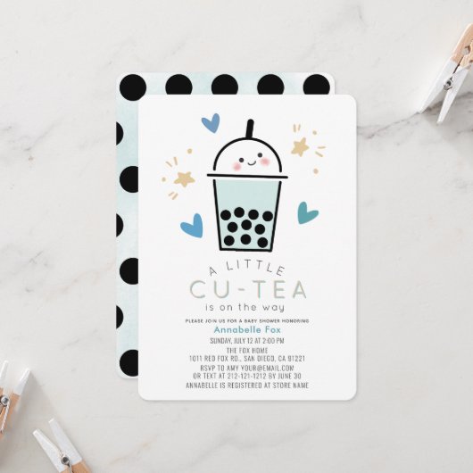 Invitation Fête de Bébé Garçon Bubble Tea Boba Blue Boy (Devant/Arrière en situation)