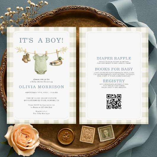 Invitation Fête de bébé garçon Canard de chasse Gingham Tout