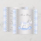 Invitation Fête de bébé garçon Cheval à Bascule Gingham Bleu (Devant / Derrière)