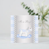 Invitation Fête de bébé garçon Cheval à Bascule Gingham Bleu (Debout devant)