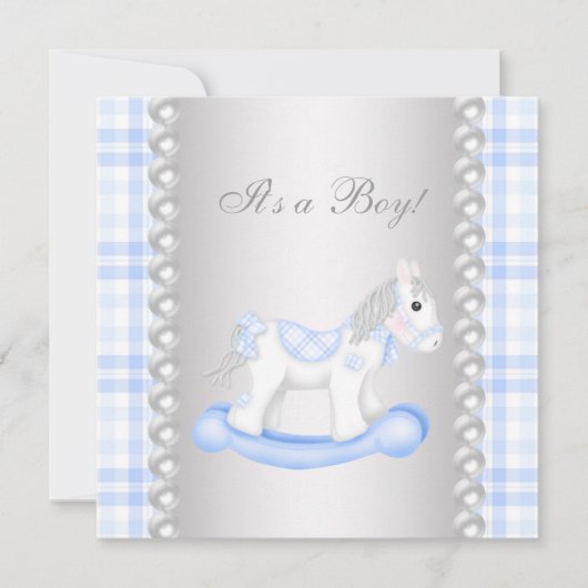 Invitation Fête de bébé garçon Cheval à Bascule Gingham Bleu (Devant)