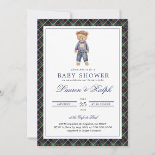 Invitation Fête de bébé garçon classique ours polaire Préppy