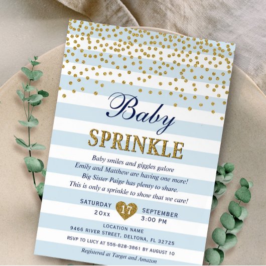 Invitation Fête de bébé garçon confettis rayure or bleu clair
