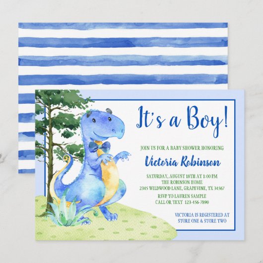 Invitation Fête de bébé garçon dinosaure (Devant / Derrière)