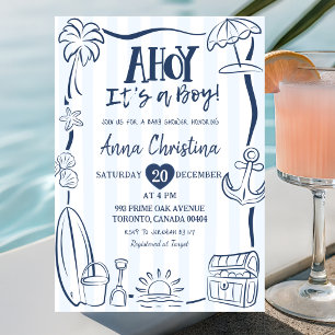 Invitation Fête de bébé garçon Dusty Blue Quriky Ahoy
