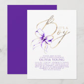 Invitation Fête de bébé garçon élégante violette et dorée (Devant / Derrière)