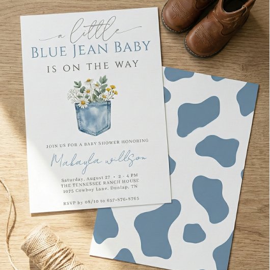 Invitation Fête de Bébé Garçon en Jean Bleu Rustique