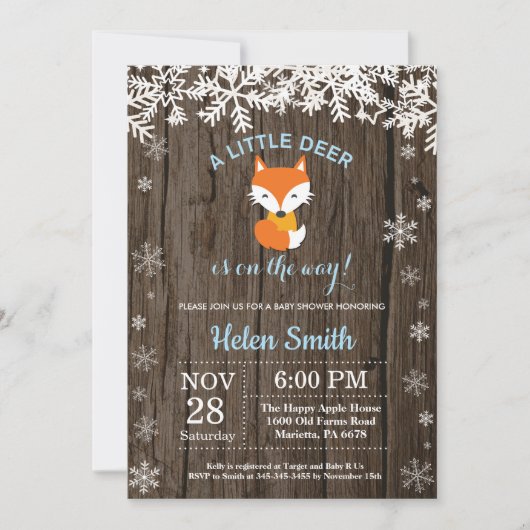 Invitation Fête de Bébé Garçon Hiver Renard Rustique (Devant)