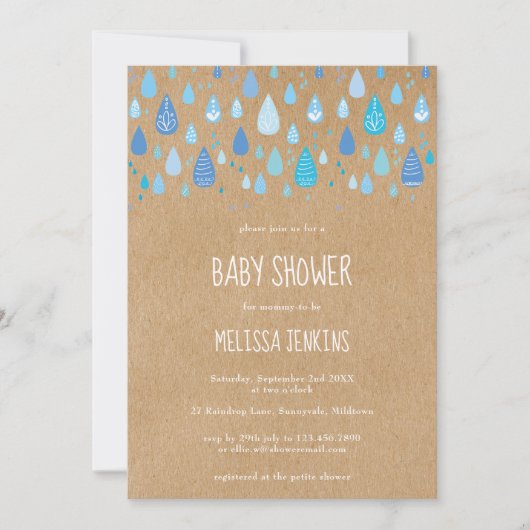 Invitation Fête de bébé garçon kraft rustique avec gouttes de (Devant)