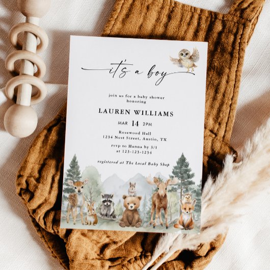 Invitation Fête de Bébé Garçon Moderne Animaux de la Forêt
