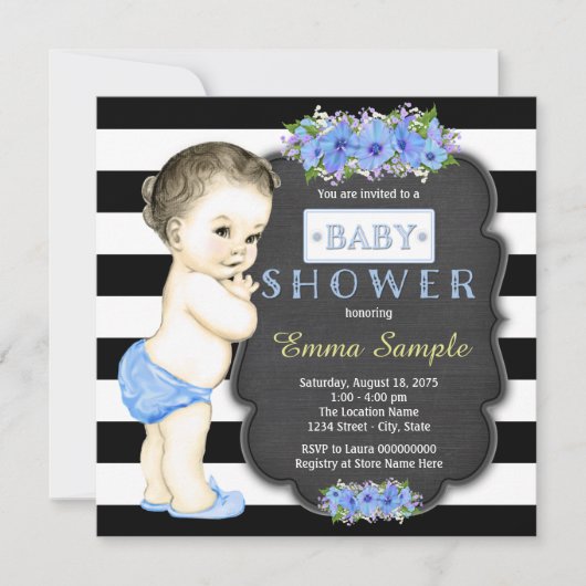 Invitation Fête de bébé garçon moderne sur tableau noir (Devant)