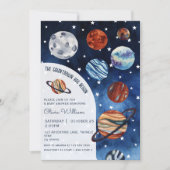 Invitation Fête de bébé garçon Navy Bleu Planètes Espace (Devant)