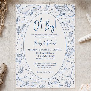 Invitation Fête de bébé garçon Oh Boy Ocean Animal Minimalist